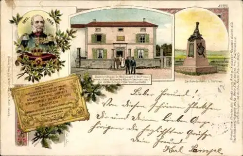 Litho König Albert von Sachsen, Sachsendenkmal bei St. Privat, Bauernhaus in Roncourt