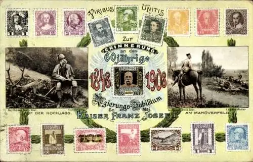Briefmarken Ak Kaiser Franz Joseph I., 60 jh. Regierungsjubiläum 1908, In Jägermontur, Manöverfeld