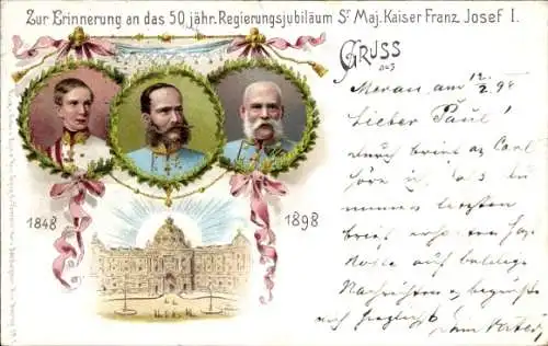 Litho Kaiser Franz Joseph I., 50 jähriges Regierungs-Jubiläum 1898, Portraits