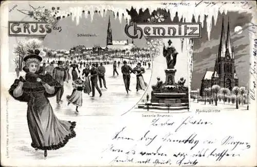 Mondschein Litho Chemnitz in Sachsen, Menschen beim Eislaufen, Schlossteich, Markuskirche