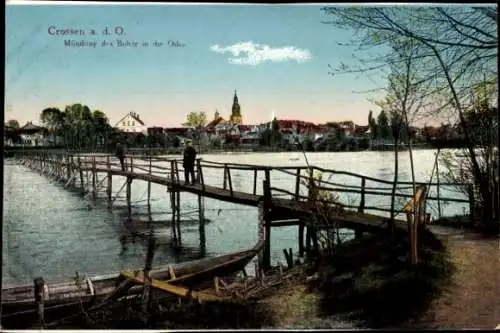 Ak Krosno Odrzańskie Crossen Oder Ostbrandenburg, Mündung des Bober, Holzbrücke