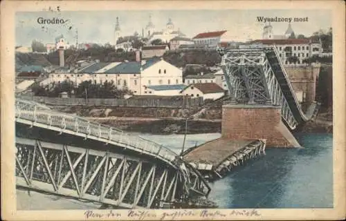 Ak Hrodna Grodno Weißrussland, Brücke, Stadtansicht, zerstörte Brücke, farbige 
