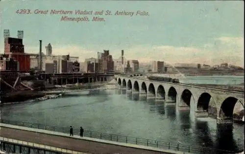 Ak Minneapolis Minnesota USA, Great Northern Viaduct, St. Anthony Falls, Stadtansicht, Fluss,  Ar