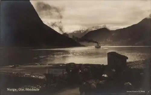 Ak Norwegen, Oie, Söndmör, Landschaft, Dampfschiff, BDS Bergenske Dampskibsselskab