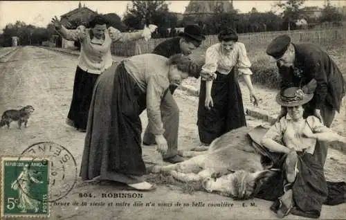 Ak Les Plessis Robinson Hauts de Seine, schlafender Esel, Reiter