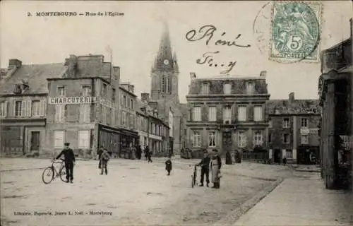 Ak Montebourg Manche, Stadtplatz, Kirche, Charcuterie, alte Gebäude,  mit Stempel