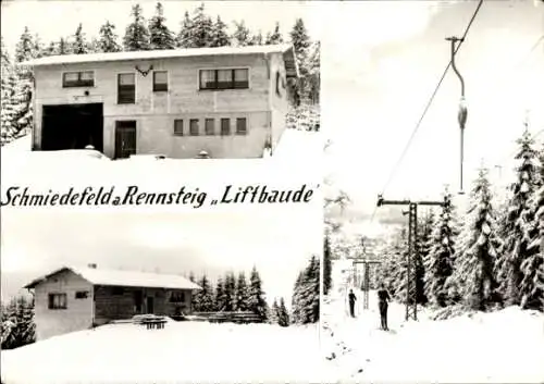 Ak Schmiedefeld am Rennsteig Thüringen, Liftbaude, Skifahrer am Schlepplift, Winteransicht