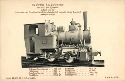 Ak Deutsche Eisenbahn, 40pferdige Bau-Lokomotive, Hannoversche-Maschinenbau AG