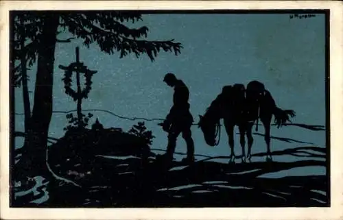 Silhouetten Ak Soldat mit Pferd an einem Grab