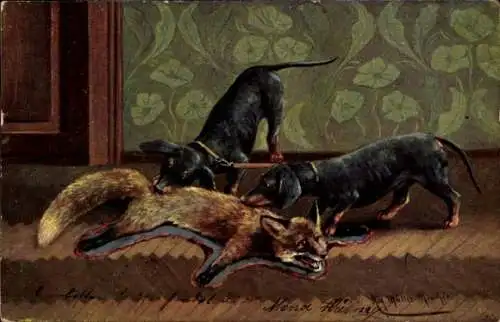 Litho Dackel, Fuchs, Teppich, Pelz