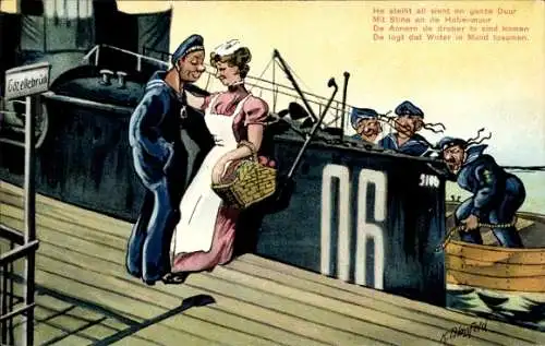 Künstler Ak Blossfeld, K., Marinesoldat mit Geliebter, Kriegsschiff, Soldatenliebe, Humor