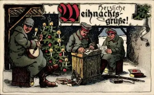 Litho Frohe Weihnachten, Soldaten mit Tannenbaum, Gitarre