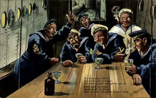 Künstler Ak Blossfeld, K., Marinesoldaten am Tisch, Weinglas, Geschichtenerzähler