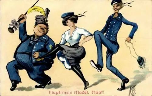 Künstler Ak Blossfeld, K., Hupf mein Madel, Hupf, Soldaten und Frau in Uniformen