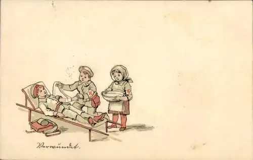 Ak Kinder als Soldaten, Verwundeter Junge, Mädchen als Sanitäterin