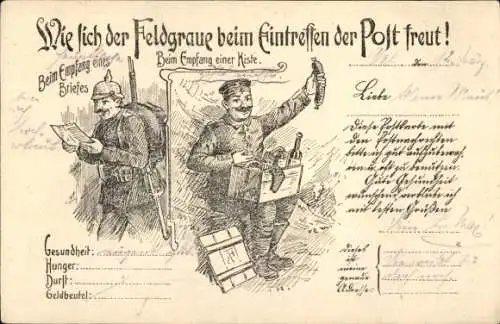 Ak Wie sich der Feldgraue beim Eintreffen der Post freut, Deutsche Soldaten, Brief, Paket