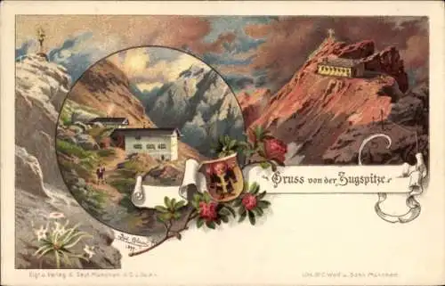 Ak Zugspitze, Landschaftszene, Gebirge,  Blumen, r Stil, 