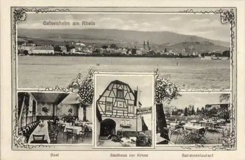 Ak Geisenheim am Rhein Hessen, Panoramaansicht, Gasthaus zur Krone, Saal, Gartenrestaurant