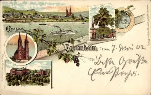 Ak Geisenheim am Rhein Hessen, Malerei von Geisenheim, Rhein, Schiffe, Kirche, nstil