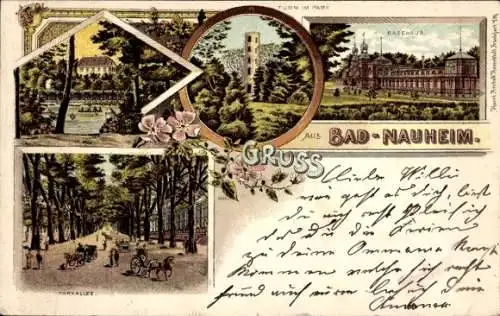 Ak Bad Nauheim in Hessen, Turm im Park, Badehaus, Parkallee, Pflanzen, Grüße aus Bad Nauheim
