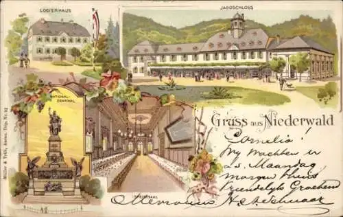 Litho Rüdesheim am Rhein, Niederwald Nationaldenkmal, Jagdschloss, Logierhaus