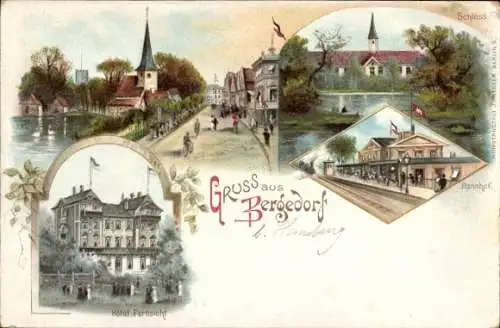 Litho Hamburg Bergedorf, Hotel Fernsicht, Bahnhof, Gleisseite, Schloss, Kirche