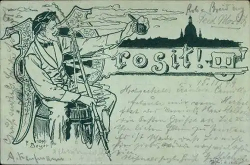 Künstler Litho Beyer, P., Dresden Altstadt, Prosit, Student mit Bierkrug und Pfeife