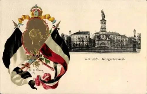 Präge Passepartout Ak Witten an der Ruhr, Kriegerdenkmal, Portrait Kaiser Wilhelm II., Fahnen