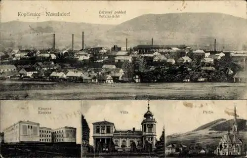 Ak Kopřivnice Nesselsdorf Mährisch Schlesien, Gesamtansicht, Kaserne, Villa, Kirche