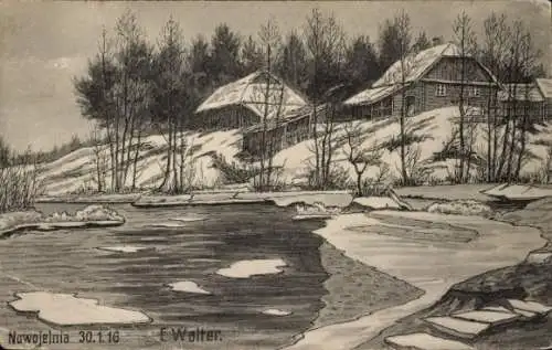Künstler Ak Walter, E., Nowojelnia Weißrussland, Winteransicht, 30.1.1916, 1. WK