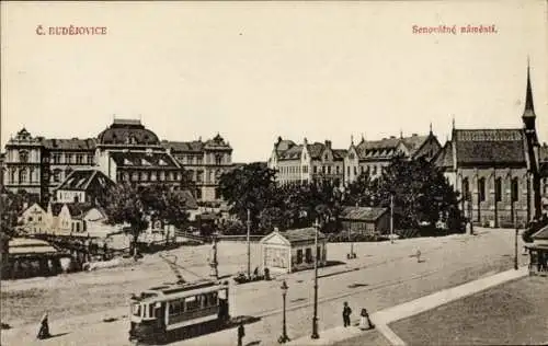 Ak České Budějovice Budweis Südböhmen, Senovazne namesti, Straßenbahn