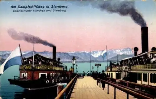Ak Starnberg am Starnberger See Oberbayern, Dampfschiffsteg, Salondampfer München und  Berge im H
