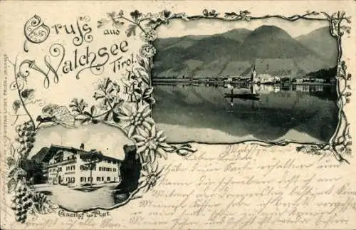 Ak Kufstein in Tirol, Vorderansicht mit See, Bergen, Gasthof Post, Blumendekor