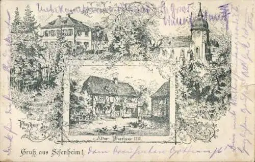Litho Seffenheim Sefenheim Elsass Bas Rhin, Altes Pfarrhaus, Dorfkirche