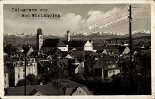 Ak Bad Wörishofen im Unterallgäu, Telegramm, Stadtansicht, Berge im Hintergrund, 