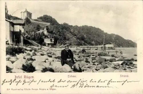 Ak Lohme auf Rügen, Infel  Lohme, Strand, Mann auf Steinen, Küstenlandschaft