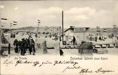 Ak Ostseebad Göhren auf Rügen, Ostseebad  Strandansicht, Segelboot, festliche Stimmung