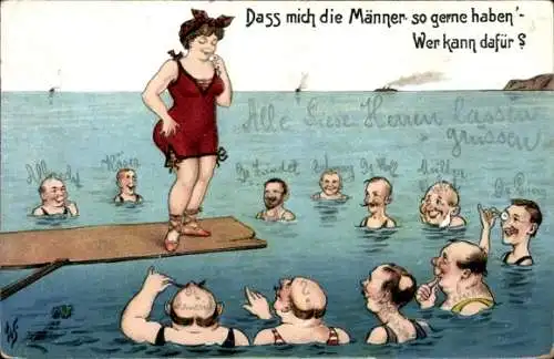 Künstler Ak Scheuermann, Willi, Dass mich die Männer so gerne haben, Frau in Badeanzug