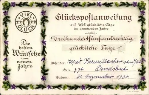 Ak Fröhliches Neujahr, Glückspostanweisung, 365 glückliche Tage