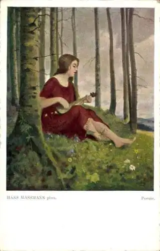 Künstler Ak Massmann, Hans, Poesie, Frau mit Laute am Waldrand