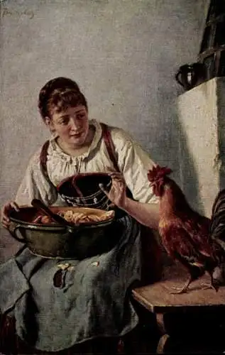 Künstler Ak Schmid Breitenbach, F., Ein hungriger Gast, Frau mit Schüssel, Hahn