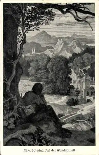Künstler Ak Schwind, M. von, Auf der Wanderschaft, Mann beobachtet eine Stadt