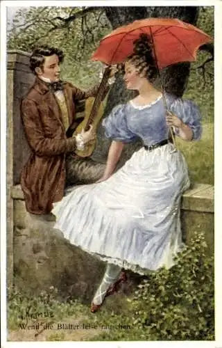 Künstler Ak Kränzle, Wenn die Blätter leise rauschen, Dame auf einer Mauer, Schirm, Mann mit Gitarre