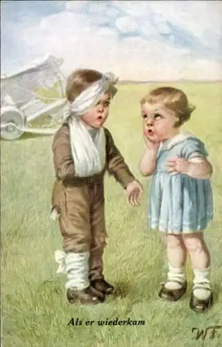 Künstler Ak Fialkowska, Wally, Als er wiederkam, Kinder, Junge als verwundeter Soldat