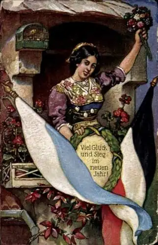 Ak Fröhliches Neujahr, Glück und Sieg, Fahnen, Frau in Tracht, Blumenstrauß