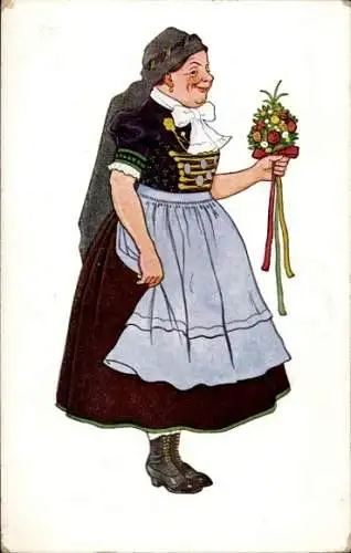 Künstler Ak Frau in Tracht mit Blumen, Portrait