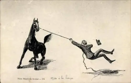 Künstler Ak Mise à la longe, Mann fällt vom Pferd