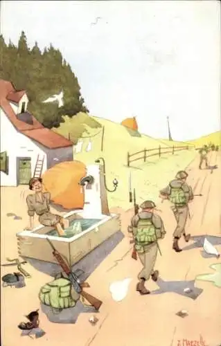 Künstler Ak Maezelle, J., Belgische Soldaten auf dem Marsch, Rast in einem Brunnen