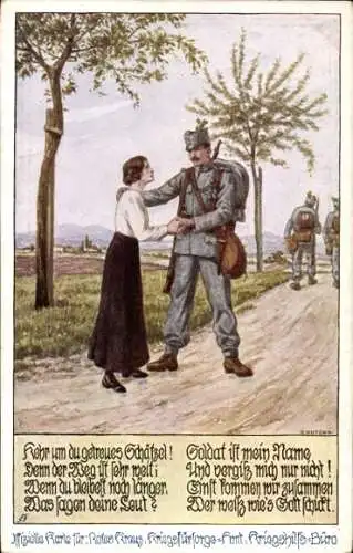 Künstler Ak Kuk Soldat, Frau, Rotes Kreuz, Kriegsfürsorge, I. WK