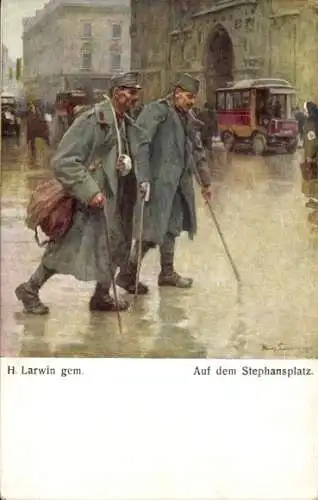 Künstler Ak Larwin, H., Zwei verwundete Veteranen auf dem Stephansplatz in Wien